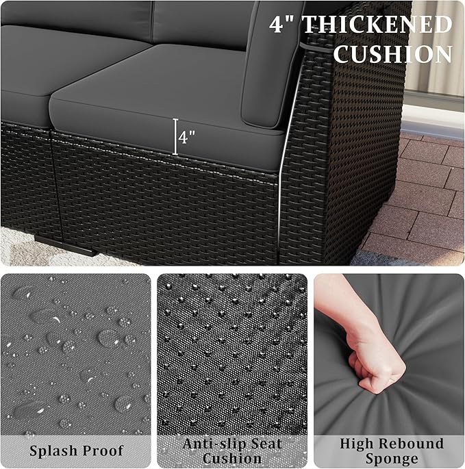 Patio Furniture Set, 7 Pieces Outdoor Sectional Sofa Set with Waterproof Cover, Black PE Wicker Rattan Slanted Back Outdoor Conversation Set with Cushions and Glass Coffee Table, Dark Grey