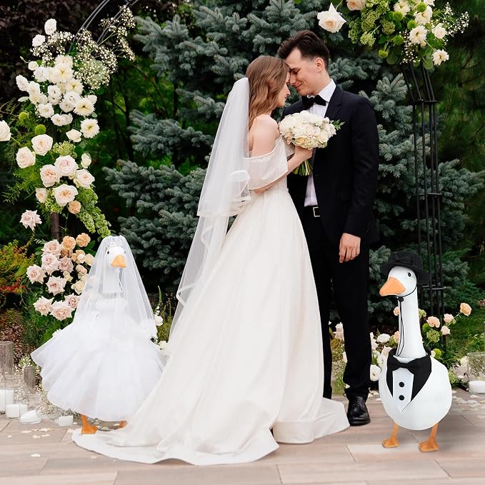 Wedding Porch Goose Outfit Set Bride Groom Costume | Includes Crown Veil Bow Tie Petticoat Collar Necklace Ideal for 23 Inch Outdoor Geese Couple Decor