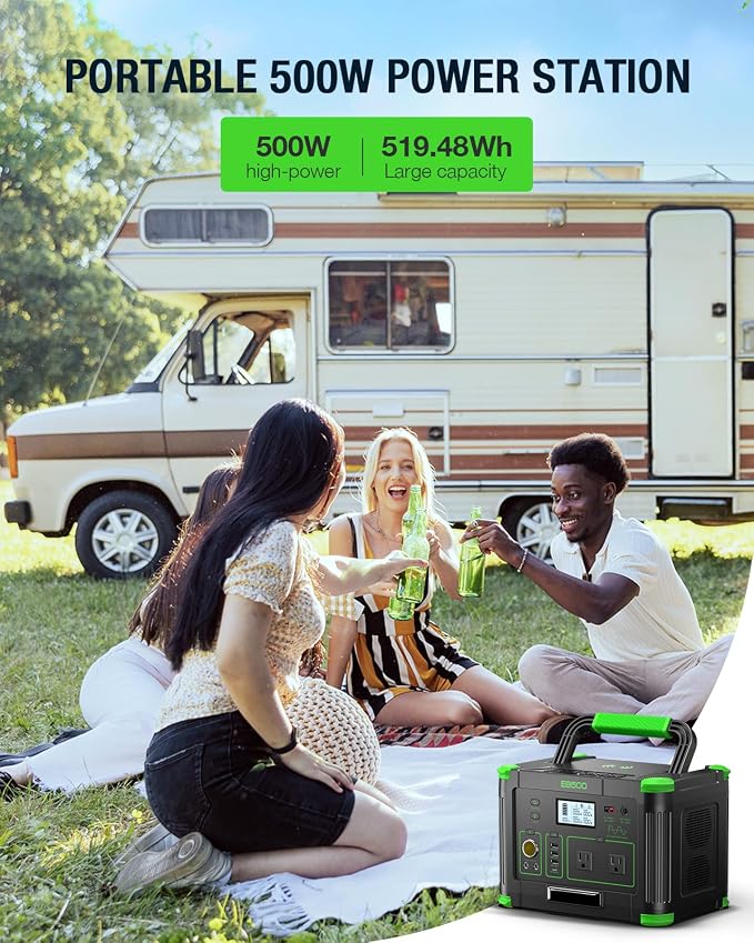 Portable Power Station 500W, 519.48Wh/140400mAh Solar Generator Backup Lithium Battery Pack Power Supply with 2 AC Outlets, PD 60W USB-C Power bank for Outdoor RV Camping Home Outage Emergency