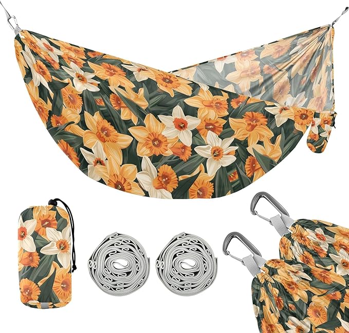 Camping Hammock Outdoor Hammocks for Outside Daffodil Flowers Orange Beach Trees Portable Lightweight with Pockets Tree Straps Indoor Small