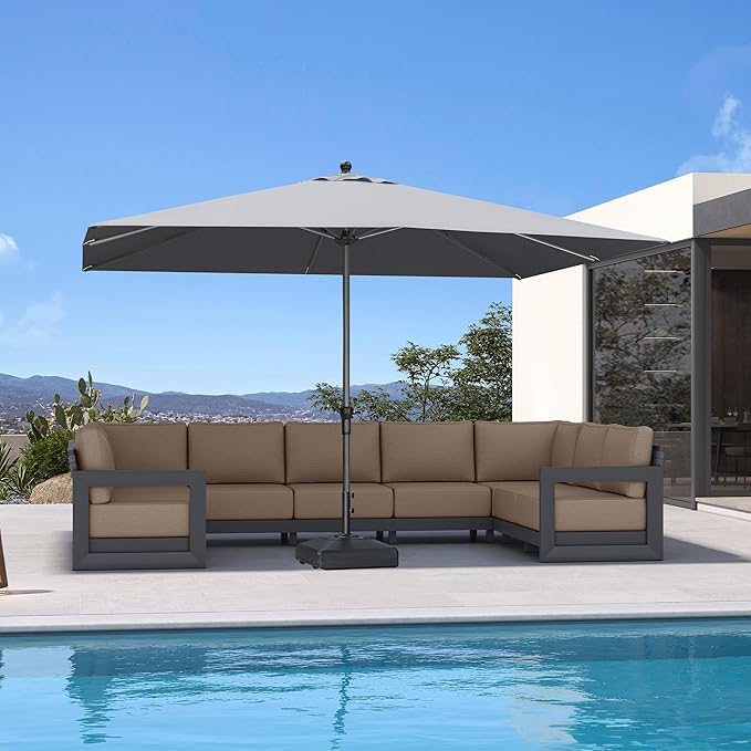 PURPLE LEAF 11.5' x 8' Rectangle Patio Market Umbrella with Base Outdoor Table Umbrellas Aluminum Frame Sun Shade with 8 Sturdy Ribs for Garden Deck Lawn Pool Light Gray