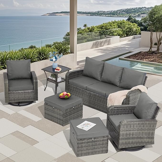6 Pieces Wicker Patio Furniture Sets, Outdoor Conversation Set PE Rattan Sectional Sofa Couch with Swivel Chairs Ideal for Indoor Porch Deck Bistro Lawn Garden Backyard Poolside-Grey