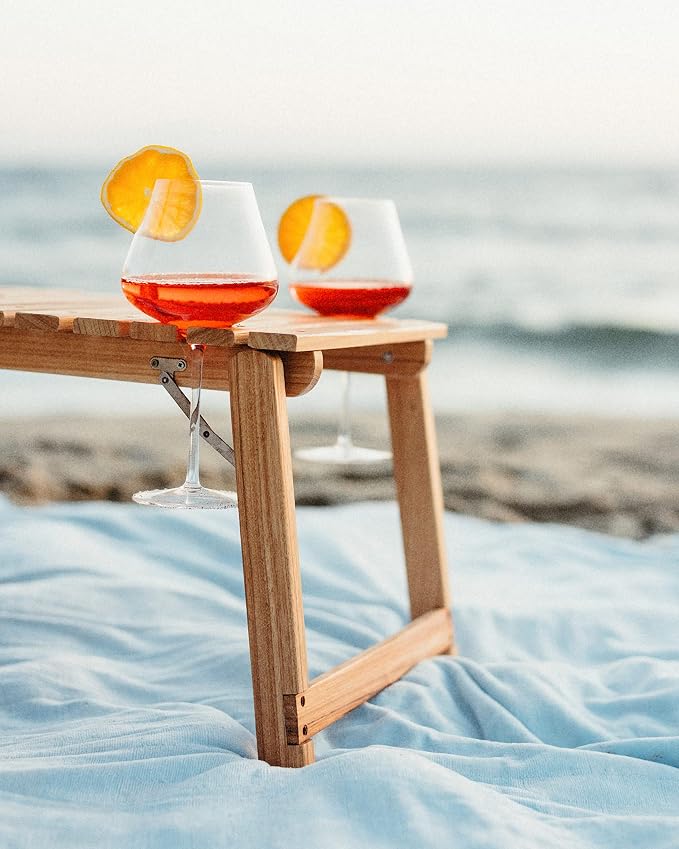 Business & Pleasure Co. Folding Picnic Table - Perfect Mini Outdoor Table for Picnics, Beach, & Concerts - 4 Wine Glass Holders - Umbrella Hole - Premium Teak Hardwood