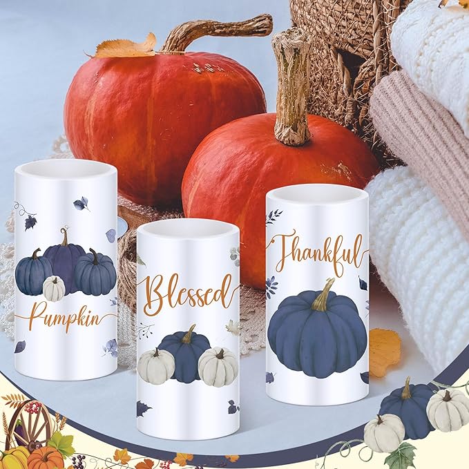 Retisee 3 Pcs Blue Pumpkin Thanksgiving Flameless LED Candles Thankful Blessed Thanksgiving Battery Operated Candles with Remote Blue Pumpkin Decor for Table Centerpiece Bedroom Harvest Decoration