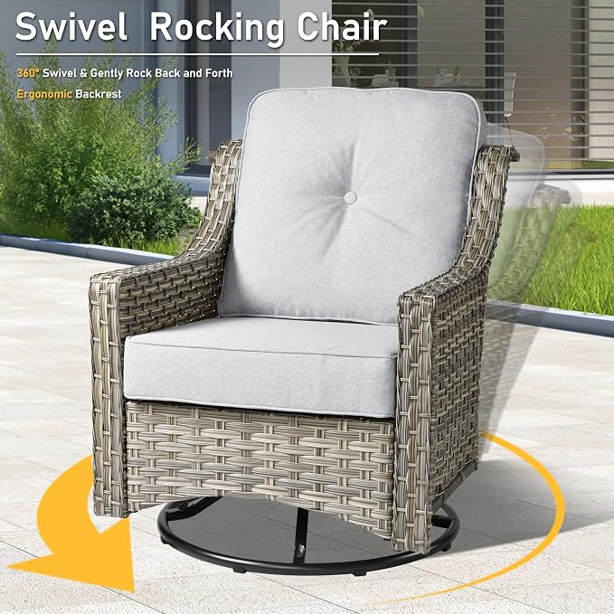 HOOOWOOO 3 Piece Patio Furniture Bistro Sets,Outdoor Wicker Swivel Rocking Chairs with Table Set,All Weather Resistant High Back Rattan Conversation Set(Light Grey Gray)