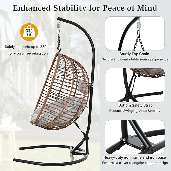 Folding Egg Chair, Outdoor Hanging Hammock Chair with Stand, Patio Wicker Hanging Chair with Iron Frame and Plush Cushion & Removable Headrest for Bedroom, Balcony, Garden (C-BrownGray)