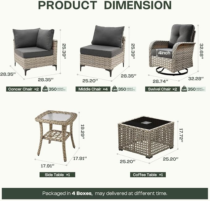 10 Pieces Patio Furniture Set, Outdoor Conversation Set with 360° Swivel Rocker Chairs, Wicker Modular Sectional Sofa & Solar Coffee Table, High Back Outdoor Furniture L Shaped Couch for Porch, Black