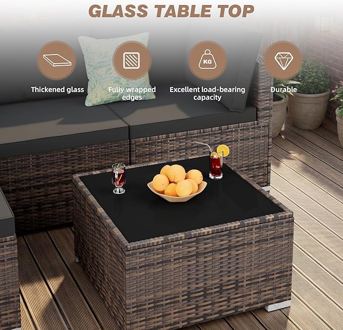 5 Piece Patio Furniture Sets, All-Weather PE Rattan Wicker Outdoor Sectional Sofa with Cushions and Glass Table for Garden Backyard Poolside
