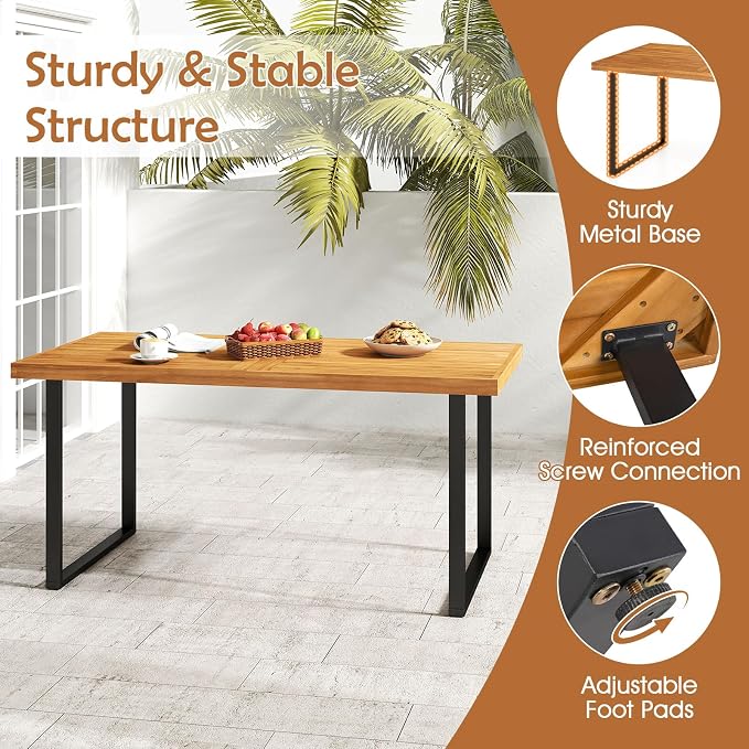 HAPPYGRILL Acacia Wood Patio Dining Table with Umbrella Hole (1.97”), Outdoor Wooden Table for 4-6 People, for Backyard Deck Porch