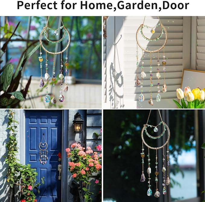Celestial Crystal Suncatcher Moon Window Hanging Decor Handmade | Handmade moon suncatcher with natural stone and crystal, creat colorful light reflections for window, bedrooms and home decor
