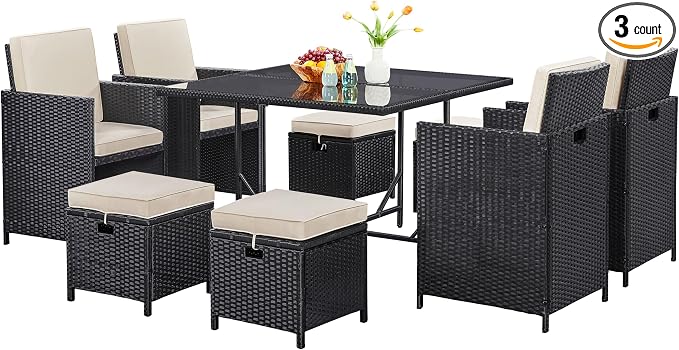 Topeakmart 8 Seater Rattan Garden Furniture Sets Dining Glass Table and Chairs with Cushions, Outdoor Wicker Patio Sectional Conversation Set, Black