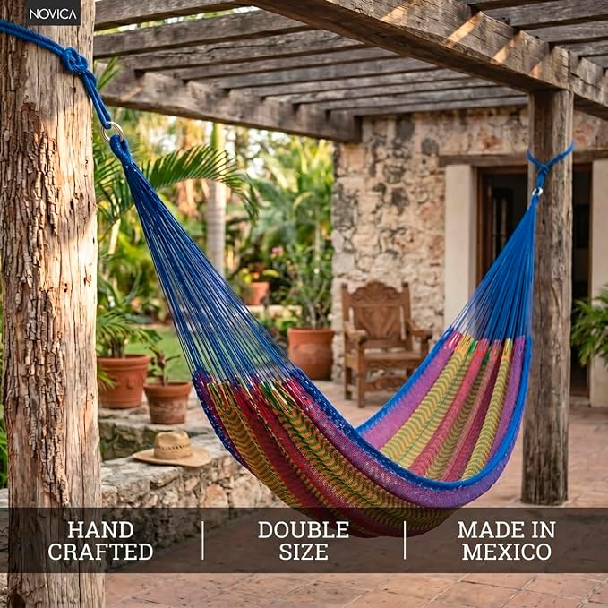 NOVICA Artisan Rainbow Seascape Double Hammock, Blue Striped Handmade Nylon Mayan Rope Style from Mexico, Bed 78in L x 78in W, Total Length 158in L