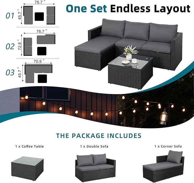 SUNLEI 3-Piece Patio Sectional Sofa, Patio Furniture Set with Detachable Soft Cushions, Outdoor PE Rattan Patio Conversation Sofa Set with Glass Coffee Table & Ottoman, Black Rattan/Grey
