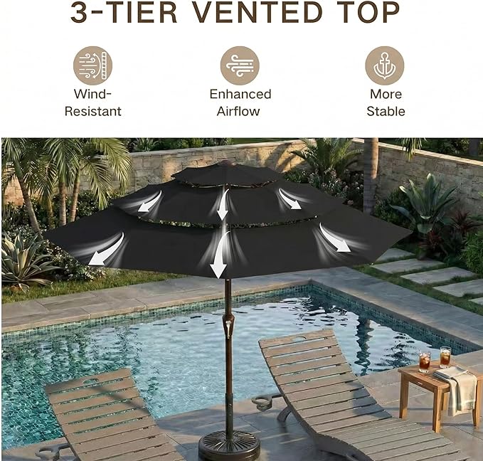 Kingdura 9ft 3-Tier Patio Umbrella, Outdoor Table Umbrella with Easy Crank & Tilt, 8 Reinforced Ribs, UV Protection for Deck, Pool, Market, Backyard (Black)