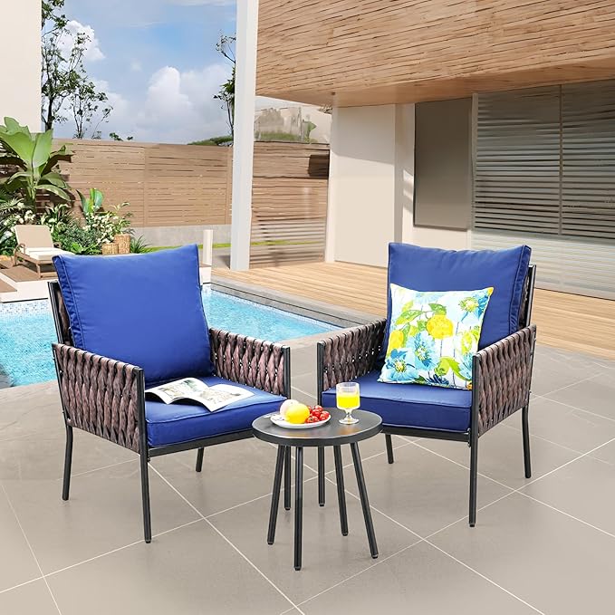 3-Piece Patio Furniture Set, Armchairs with Coffee Table,Modern Wicker Outdoor Conversation Set with Waterproof Thick Cushion for Deck,Backyard,Porch,Navy