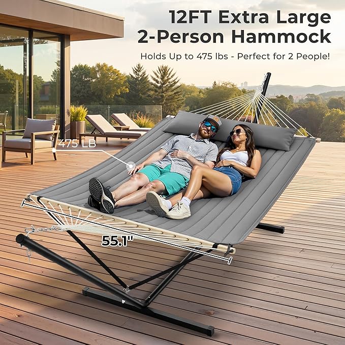 SUPERJARE 12ft Double Hammock with Stand, Rope Hammock for 2 Person, Detachable Hammock Bed and Pillow, Portable, Anti-Tip Safety Ropes, Carry Bag, Outdoor Backyard Patio Camping, Gray