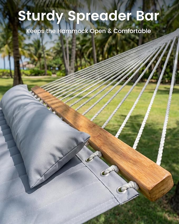 Double Quilted Outdoor Hammock for 2 Adults, 500lb Capacity Backyard & Camping Hammock with Pillow and Bamboo Spreader Bar, Fits 11–15ft Hammock Stands (Stand Not Included),Dark Gray
