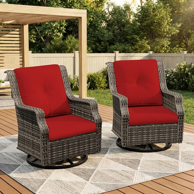 Outdoor Wicker Chairs Set of 2, Patio Swivel Rattan Chair with Wide Armrest and Thick Cushions, Ideal for Backyard, Garden, Poolside, Red