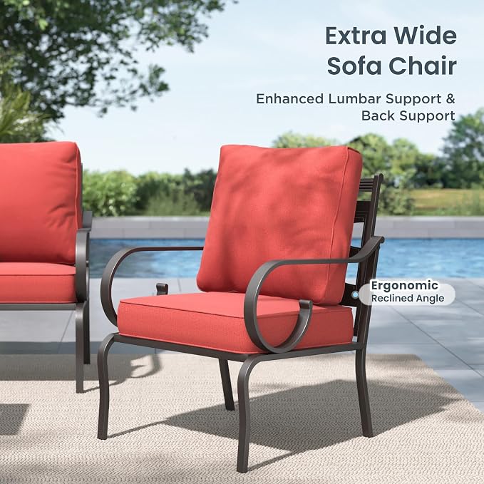 PHI VILLA Patio Furniture Set, 3-Seater Sofa, 2 Fixed Chairs, and a Coffee Table, Outdoor Metal Conversation Set with 5.75" Extra Thick Cushion for Garden Backyard Deck, Red