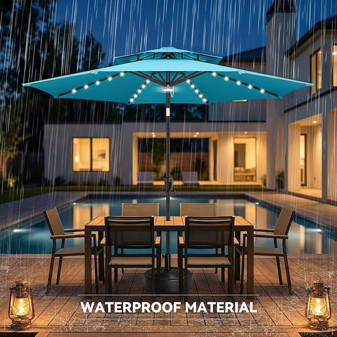 9FT Solar Umbrella Outdoor - 2 Tiers Lighted Solar Patio Umbrella with 40 LED Lights Waterproof UV Protection, Table Umbrella with Tilt for Pool, Porch, Garden, Backyard (Aqua Blue)