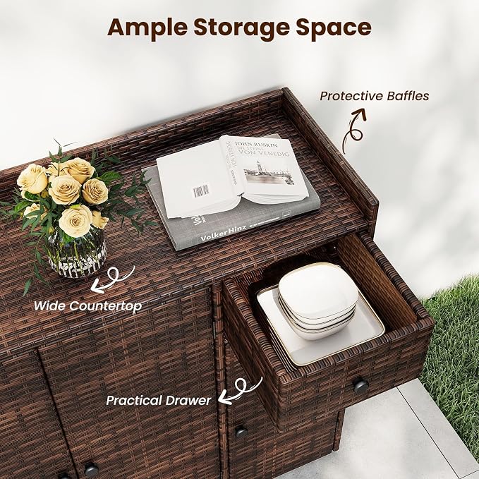 Tangkula Rattan Outdoor Storage Cabinet, Patiojoy Outdoor Cabinet with 2 Adjustable Shelves, 1 Drawer, 3 Doors, Patio Storage Deck Box Table for Patio Garden Poolside