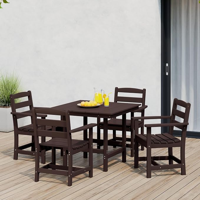 WestinTrends Ashore 5-Piece HDPE Outdoor Square Patio Dining Table Set with Armchairs, Dark Brown