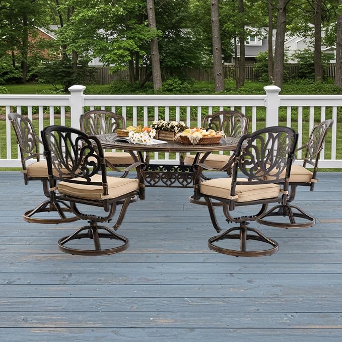 7-Pcs Cast Aluminum Patio Dining Set with 6 Swivel Chairs,Bronze | Outdoor Furniture Set Include 54" Round Dining Table and 6 Swivel Chairs with Cushions & Umbrella Hole
