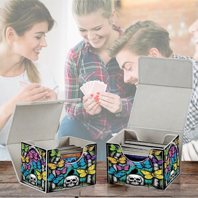 Card Deck Box for MTG, Cards Storage Box Fits 120+ Sleeved, Leather Small Size Strong Magnetic Closing Card Case for Board Games Magic TCG CCG Baseball Collection, Woodgrain Butterfly