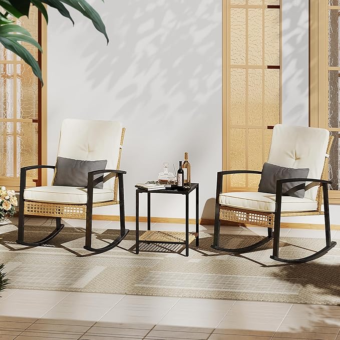 ENSTVER 3 Pieces Outdoor Rocking Chairs Set of 2 with Thick Cushions and 2-Tier Coffee Table, Patio Rocking Chairs Bistro Set with Durable PE Rattan for Front Porch and Balcony
