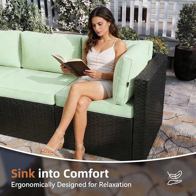 Aoxun Patio Furniture Set 5-Piece, Outdoor Sectional Sofas with Washable Cushion, Wicker Rattan Patio Conversation Sets for Backyard Porch and Poolside, Mint Green