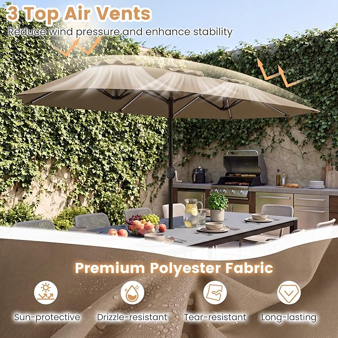Tangkula 13 Ft Solar Patio Umbrella, Double-Sided Extra Large Outdoor Market Table Umbrella with Multi-Colored Flowing LED Lights, Crank Handle, 12 Sturdy Ribs for Poolside, Garden & Backyard (Tan)