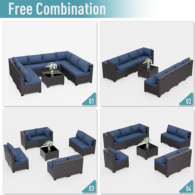 ALAULM 9 Pieces Patio Furniture Set Wicker Patio Conversation Set, Outdoor Sectional Furniture w/Coffee Table & Washable Seat Cushions-Dark Blue