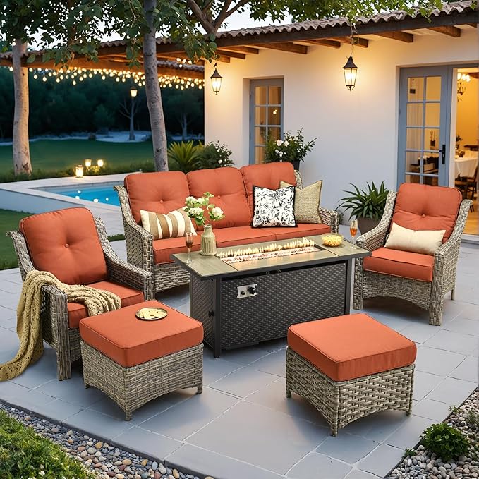 HOOOWOOO Patio Furniture Set,6 Pieces Wicker Outdoor Furniture,High Back Conversation Set with All Weather Resistant Fire Pit Table Couch Chairs Ottomans,Red