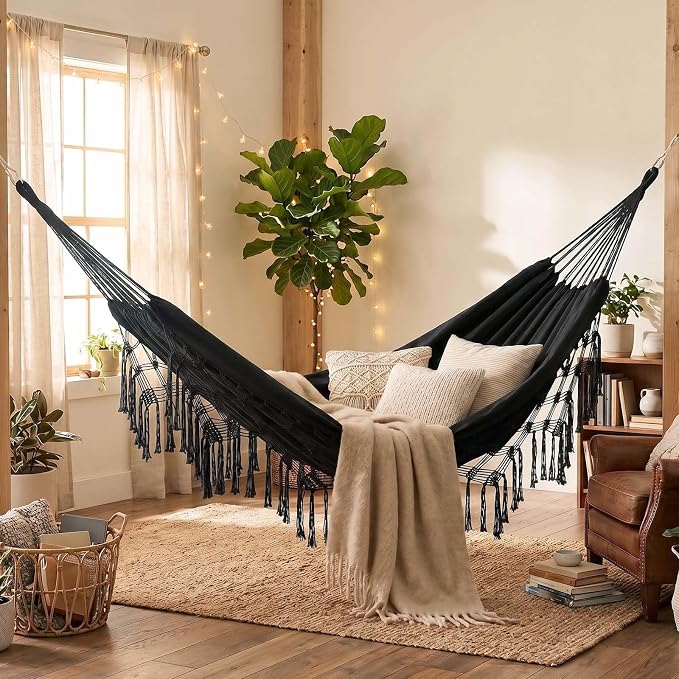 Bohemian Black Double Canvas Hammock, Hand-Woven Tassel Boho Outdoor Hammock for Patio Balcony Garden, 2-Person Wedding Decoration, Supports 550 lbs