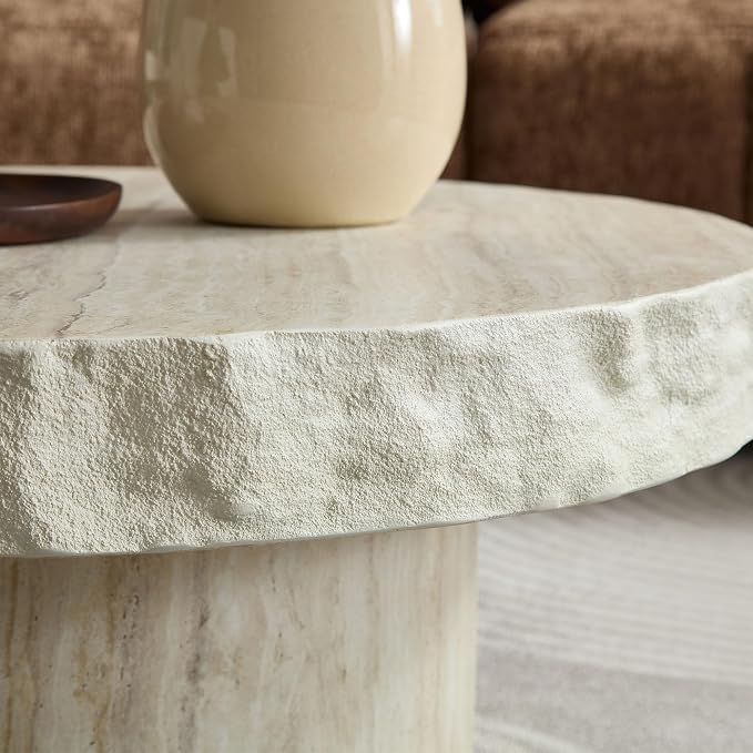 31.69" Travertine Coffee Table Round Faux Stone Coffee Table for Living Room, Modern Faux Marble Pattern Top with Wooden Pedestal Unique Center Tables, Magnesium Oxide, No Assembly,Beige