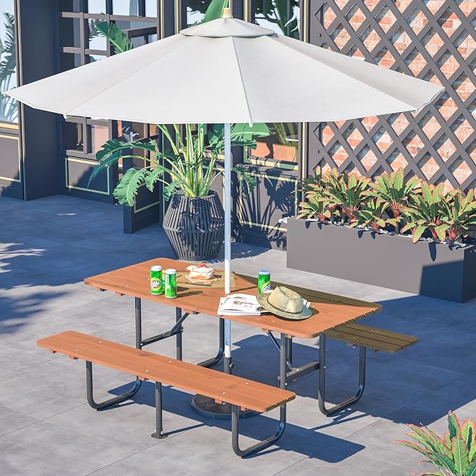 72" Rectangular Commercial Picnic Table for 6 Person, Heavy Duty Outdoors Dining Table Set with Wooden Top, Metal Legs,1.97" Umbrella Hole,Waterproof & Corrosion-Resistant, Ideal for Garden, Backyard