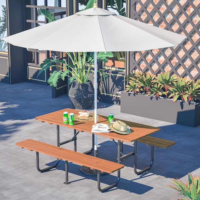 72'' Rectangular Outdoor Dining Table Wooden Patio Dining Table & 2 Built-in Bench for 8, 2" Umbrella Hole & Metal Base, Suitable for Picnic Backyard Garden Porch, Brown
