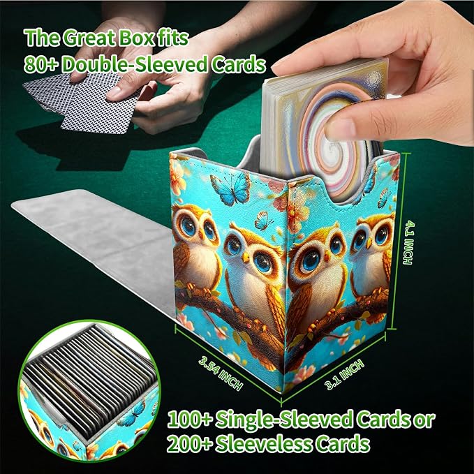 Deck Box for MTG, Cards Storage Box Fits 120+ Sleeved, Leather Medium Size Strong Magnetic Closing Card Case for Board Games Magic TCG CCG Baseball Collection, Owl Blue