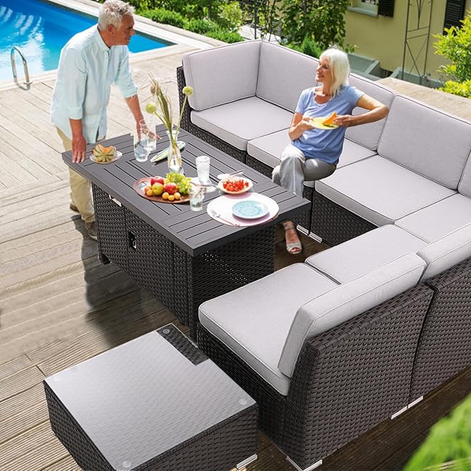 Patio Sofa Set with 46 Inch Propane Firepit Table Coffee Table Outdoor Sectional Set Patio Conversation Set Patio Furniture Sets All Weather with Thick Cushion Rattan Weaving