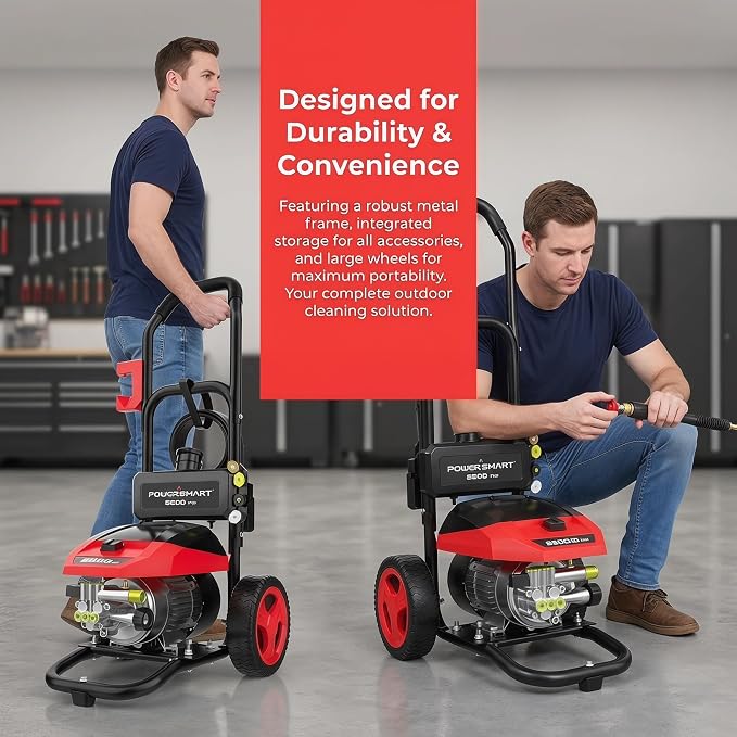PowerSmart 3000 Max PSI Electric Pressure Washer with Induction Brushless Motor, 1.2 GPM High Pressure Cleaner, 5 Nozzles, 8” Wheels, Detergent Tank, for Car, Patio, Fence, Driveway Cleaning