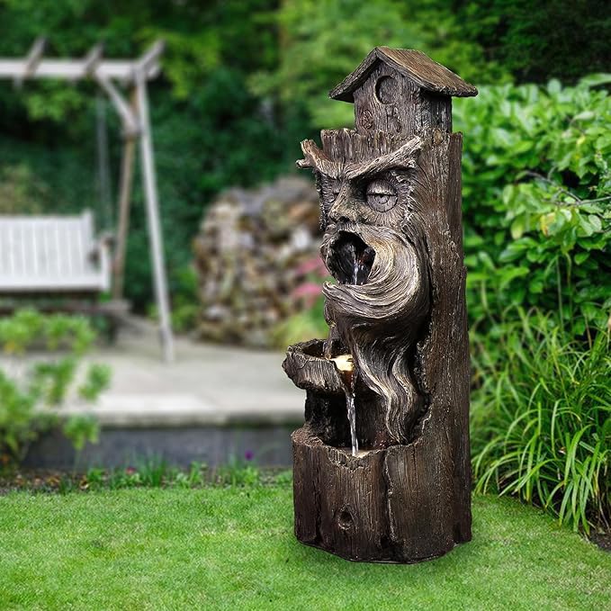 YZM Outdoor Floor Cascading Waterfall Tree Trunk Water Fountains Patio Porch Backyard Garden Fountain with LED Lights Pump 3 Tiers Water Feature 33.46 Inch Height
