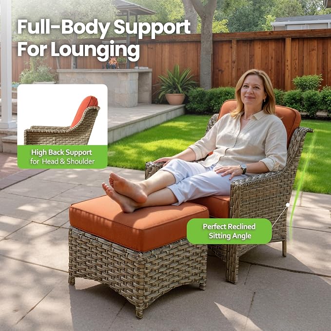 4 Piece Patio Furniture Set with Solar Light Coffee Table, Heavy Duty Wicker High Back Sofa Chairs with Thick Cushion, Small Outdoor Conversation Sets for Backyard Garden Porch, Bold Orange