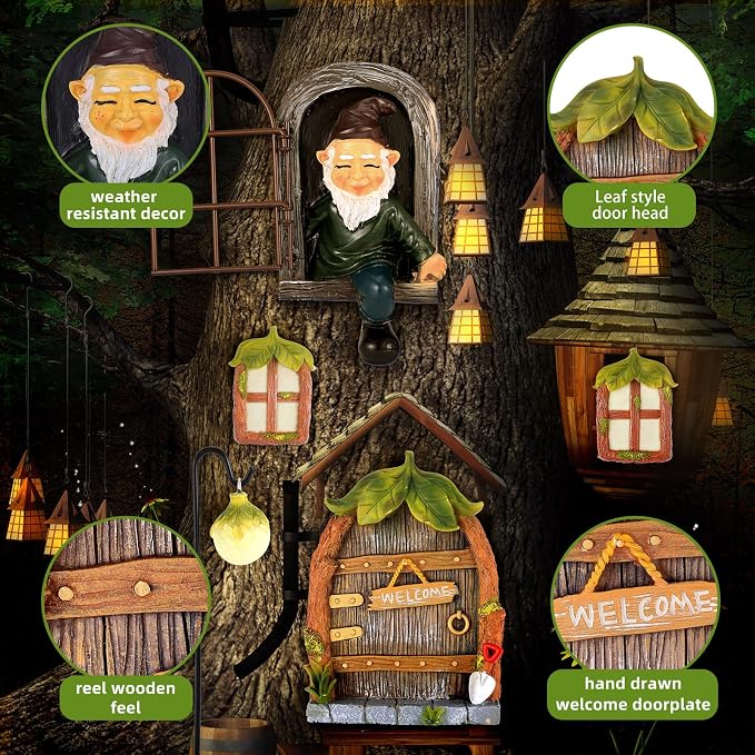 7 Pcs Fairy Garden Accessories Tree Hugger Gnome Statue Tree Faces | Fairy Door Window Set Dwarf Elf Landscape Figurine Out The Door Resin Sculpture Hanging Decor Fresh for Trees Outdoor Decor