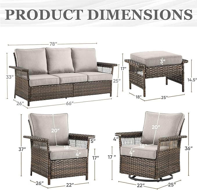 Patio Furniture Set 2 Wicker Swivel Glider Chairs 2 PE Rattan Chairs and 2 Ottomans with Beige Cushions Patio PE Rattan Side Table Brown Wicker Patio Conversation Set 7pcs