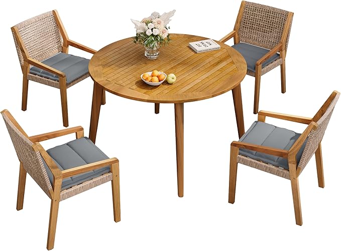 Christopher Knight Home Pelham Wooden Patio Dining Set for 4, Acacia Wood Outdoor Dining Table Set for 4, 5 Piece Outdoor Dining Set with Round Table and Armchair with Seat Cushion, Teak+Grey