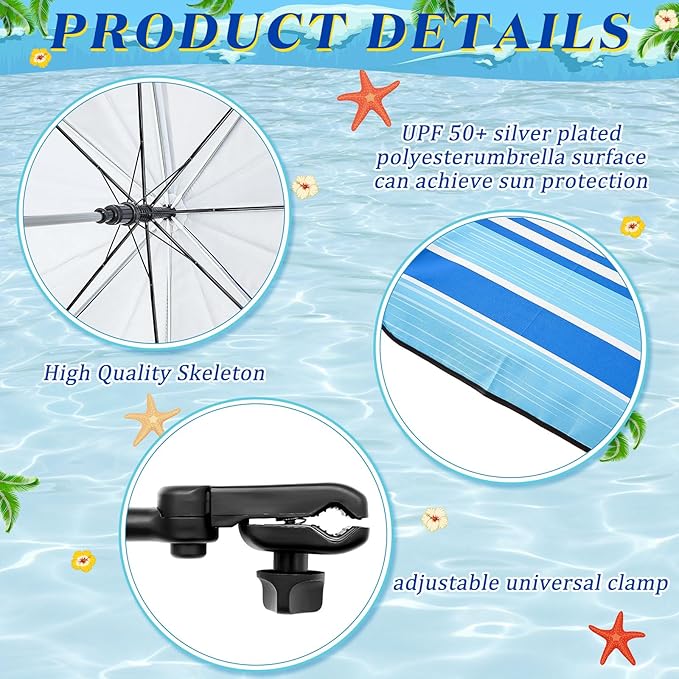 Buryeah 2 Pcs Beach Chair Umbrella Automatic with Universal Adjustable Clamp 44" UPF 50+ Portable Clamp on Beach Chair for Wheelchair Patio Golf Carts Camping