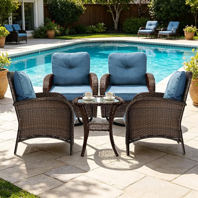 SHGJ&SOFT All Weather Patio Furniture Set, High Back Swivel Rocker Glider Chairs，Ottomans & Glass Tables, Outdoor Conversation Set for Deck Porch Yard Poolside (Blue, 5PCS-Swivel Chairs&Chairs&Table)