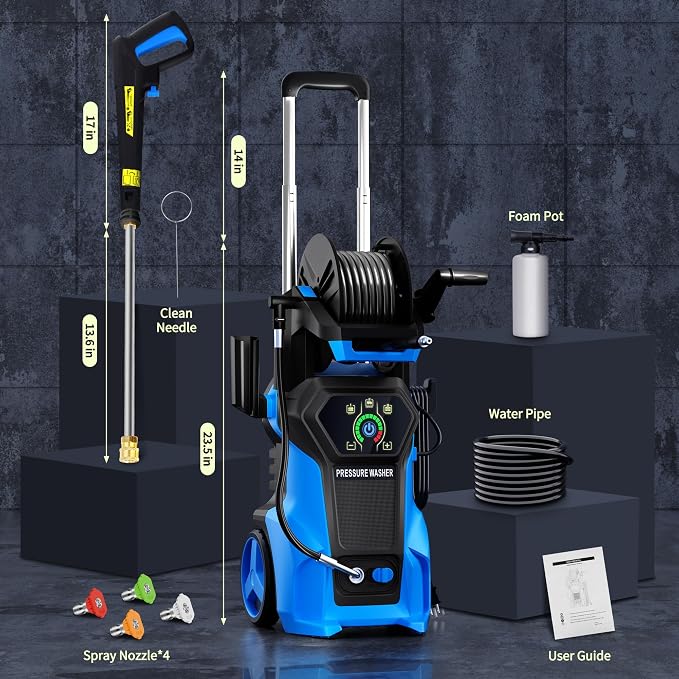 𝟓𝟎𝟎𝟎𝐏𝐒𝐈 𝐏𝐫𝐞𝐬𝐬𝐮𝐫𝐞 𝐖𝐚𝐬𝐡𝐞𝐫 Cleaner, Portable Car Washer with 4 Quick Connect Nozzles, Foam Cannon for Car Driveway Patio Fence (Blue)