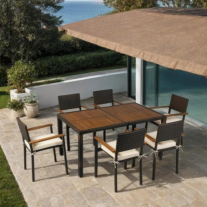 7 Piece Outdoor Patio Dining Set Wicker Furniture Set with Acacia Wood Top Brown Rattan and Cream Cushions 6 Seater Garden Dining Set for Backyard Deck