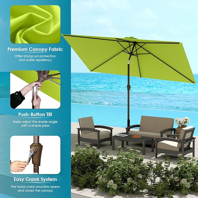 GREENVINES 6.5X10 FT Rectangular-Patio-Umbrella | Outdoor-Table-Umbrellas | 6 Sturdy Steel Ribs | Push Button Tilt & Crank | Waterproof | Market Umbrella | for Pool Backyard Garden Deck | Apple Green